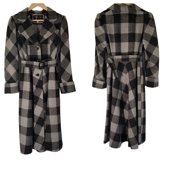 Women's Black/Gray Plaid Dress Coat Sz 11 Belted Cotton Blend Pocket Academia - Picture 1 of 11